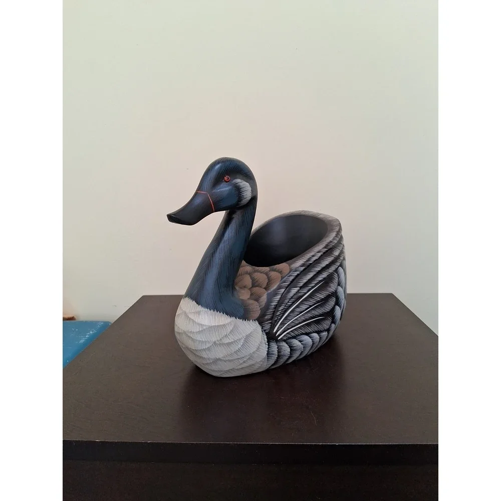 Vintage Large Hand Carved Wooden Duck Bowl Planter Basket Hand Painted A Beauty